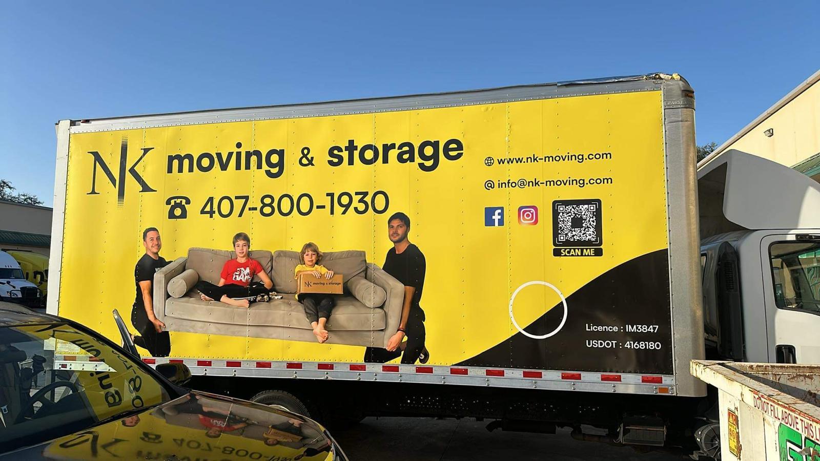 NK Moving Solutions yellow moving truck in Orlando