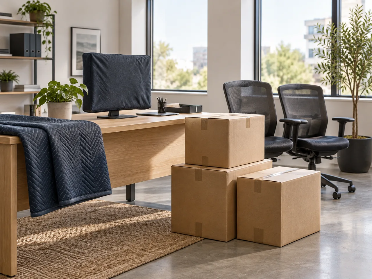Illustrative office relocation scene with packed boxes and protected equipment