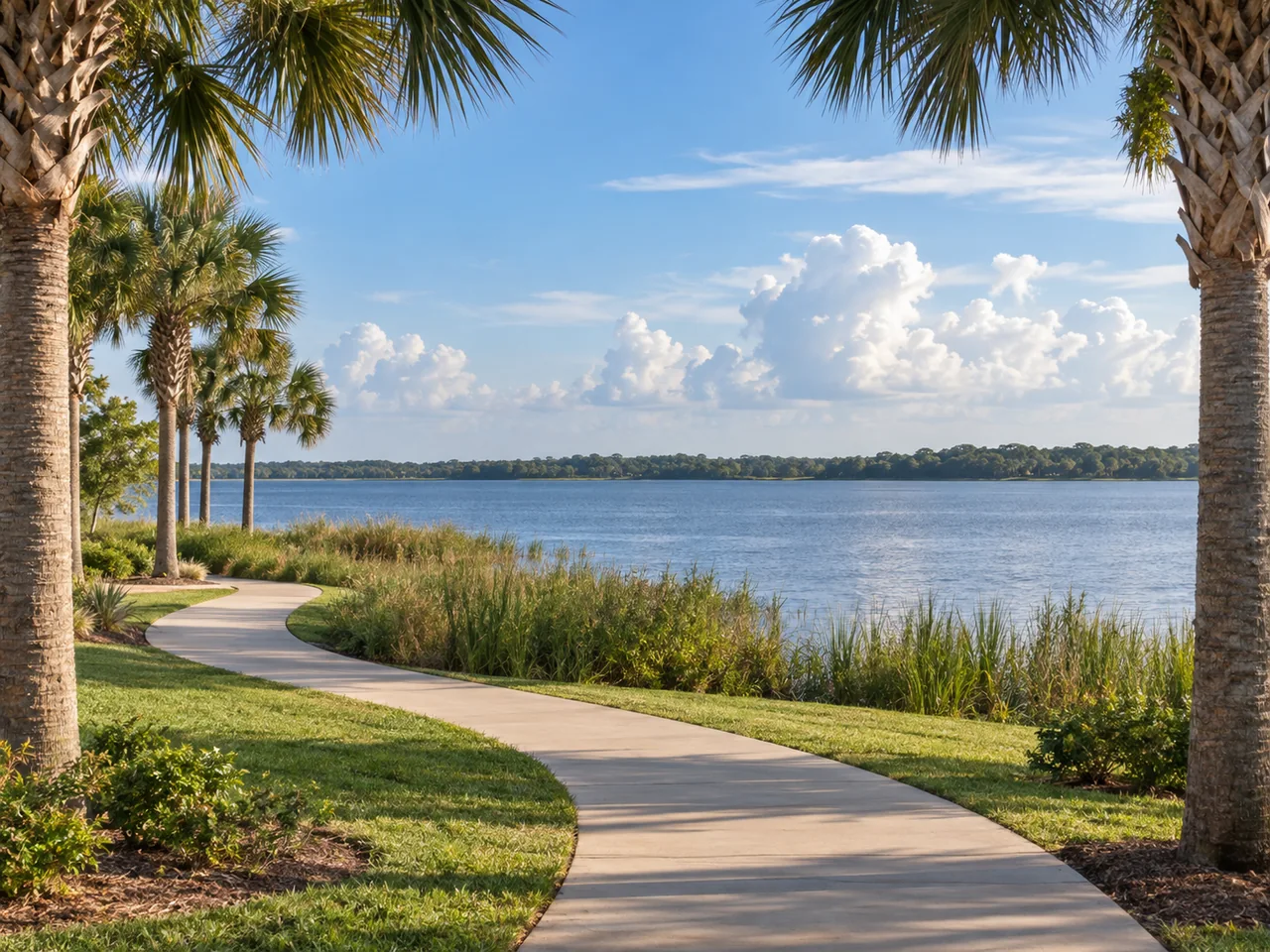 Kissimmee-inspired lakefront illustration with palms and a lakeside walking path