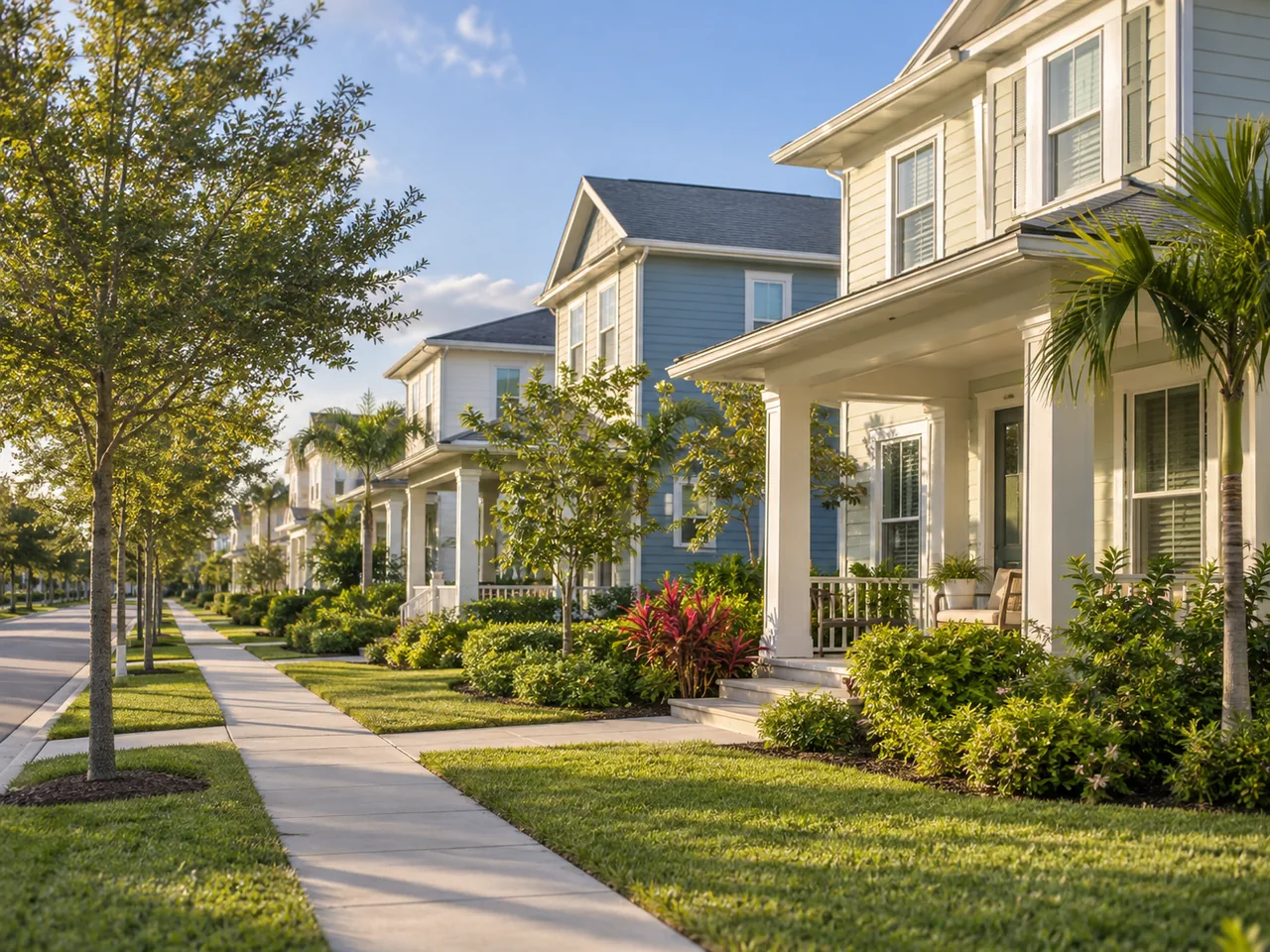 Lake Nona-inspired neighborhood illustration with contemporary homes and landscaped sidewalks