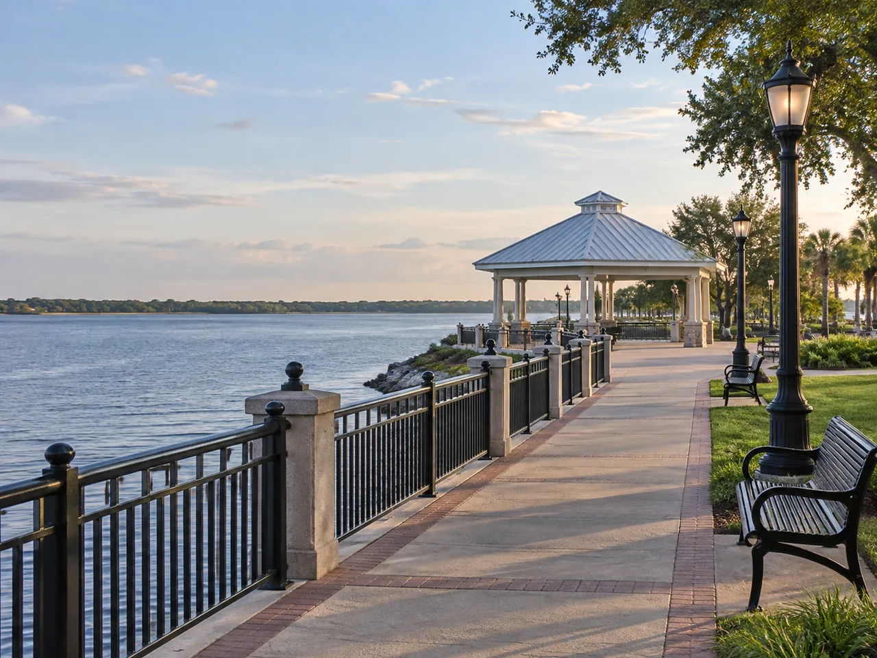 Sanford-inspired waterfront illustration with a lakeside promenade and pavilion