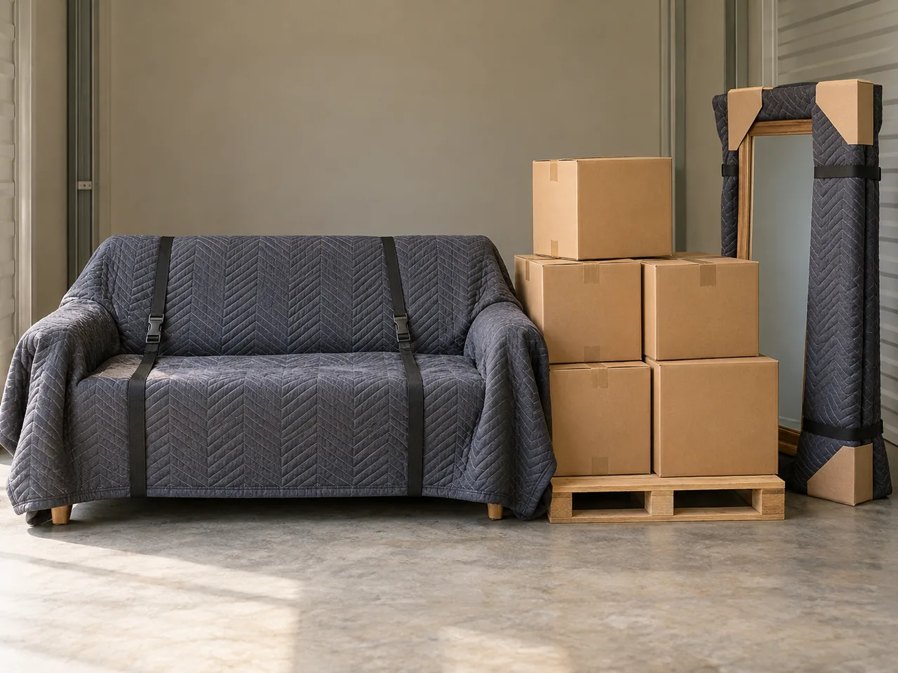 Illustrative storage preparation with blanket-wrapped furniture and neatly stacked boxes