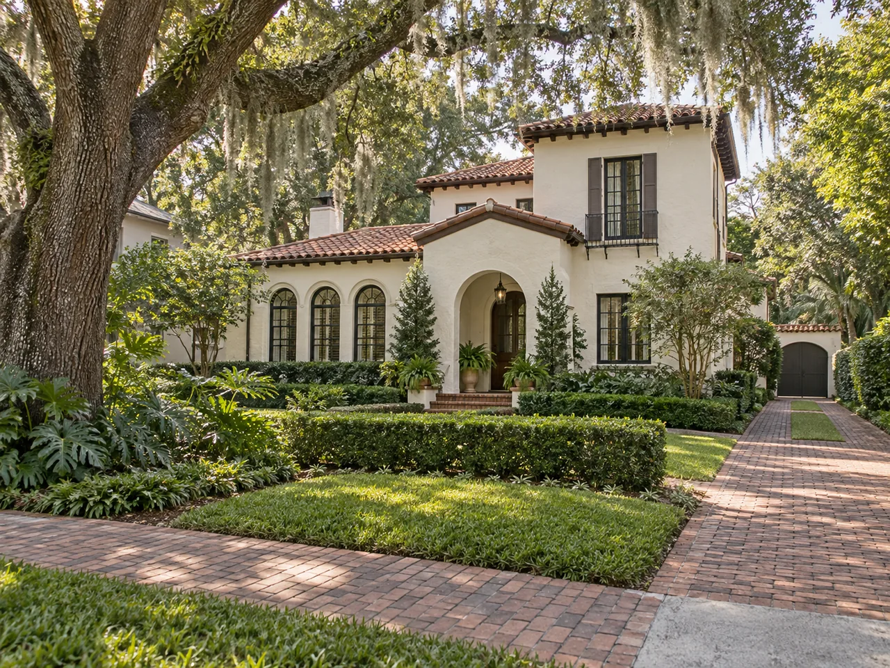 Winter Park-inspired home illustration with mature oak trees and a brick driveway